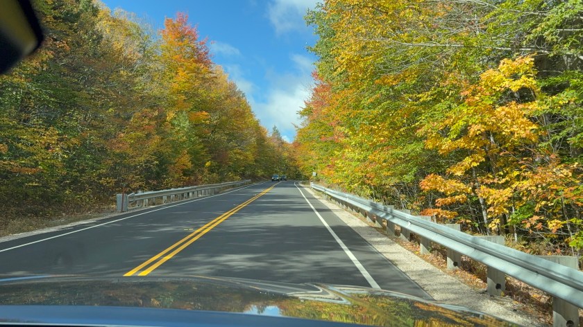 A scenic view of a winding road surrounded by vibrant autumn foliage in shades of orange, yellow, and green under a partly cloudy sky.