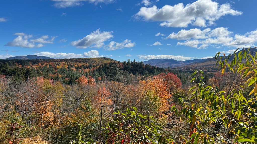 A scenic view of a colorful autumn landscape with vibrant orange, red, and yellow foliage, rolling hills, and a clear blue sky with fluffy clouds.