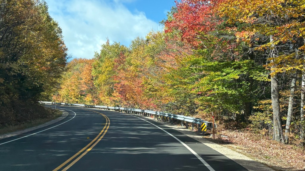 Curvy road lined with trees displaying vibrant autumn foliage in shades of red, orange, and yellow under a partly cloudy sky.